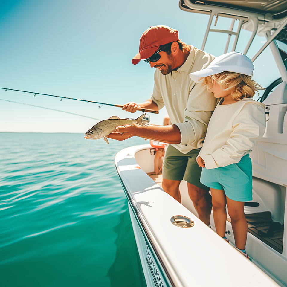 A Corpus Christi fishing charter captain helps a child hold a freshly caught fish on a boat under a clear blue sky.
