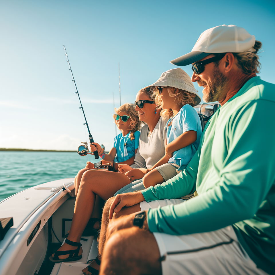 A Dauphin Island fishing charter captain smiles with a family on a boat, as they enjoy a sunny day of fishing on the water.