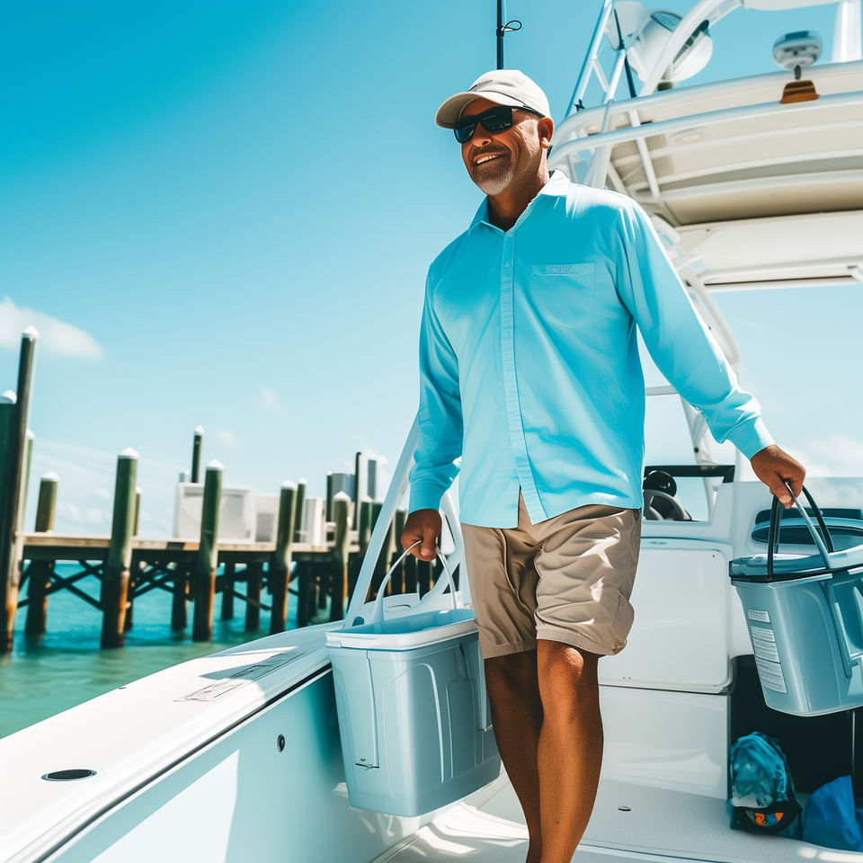 Denison fishing charter captain carrying supplies on a boat under a sunny sky.
