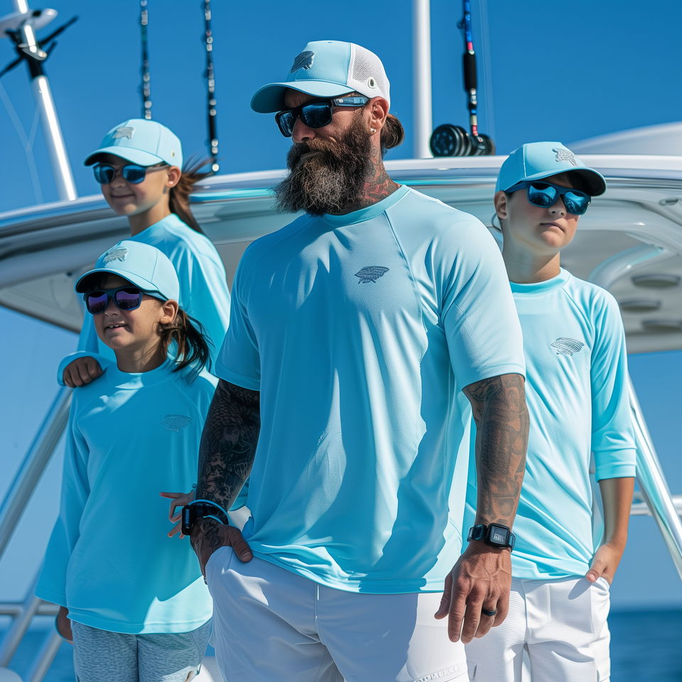 A Destin fishing charter captain with a beard and sunglasses, stands confidently with three children, all wearing matching blue gear.