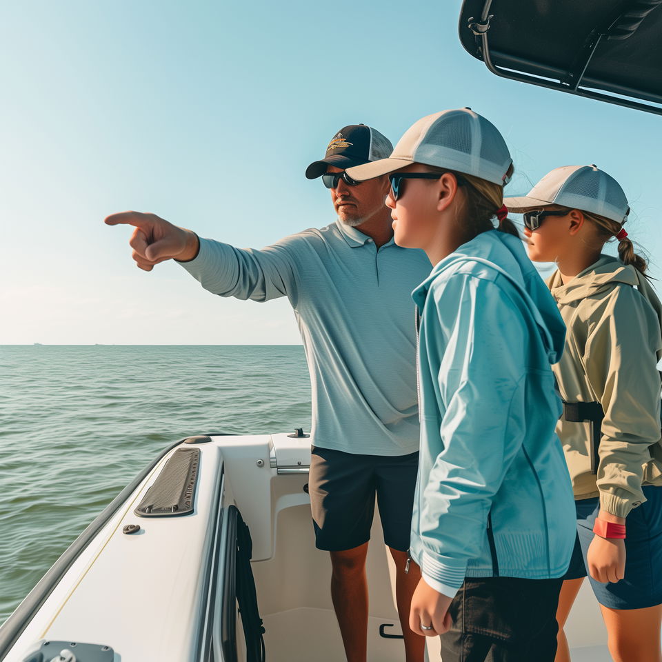 An East Dennis fishing charter captain points out to sea while guiding two young passengers on a boat.