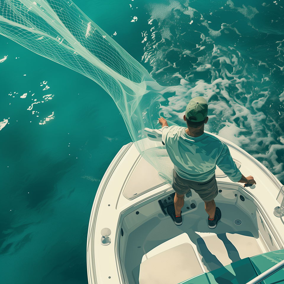 An Erie fishing charter captain casts a net from the bow of a boat into the clear, turquoise waters.