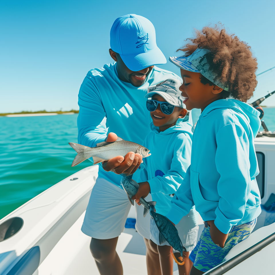 A Foley fishing charter captain shows a freshly caught fish to two young children on a boat under a clear blue sky.