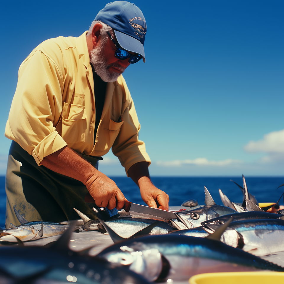 A Fort Lauderdale fishing charter captain fillets freshly caught fish on a sunny day out at sea.