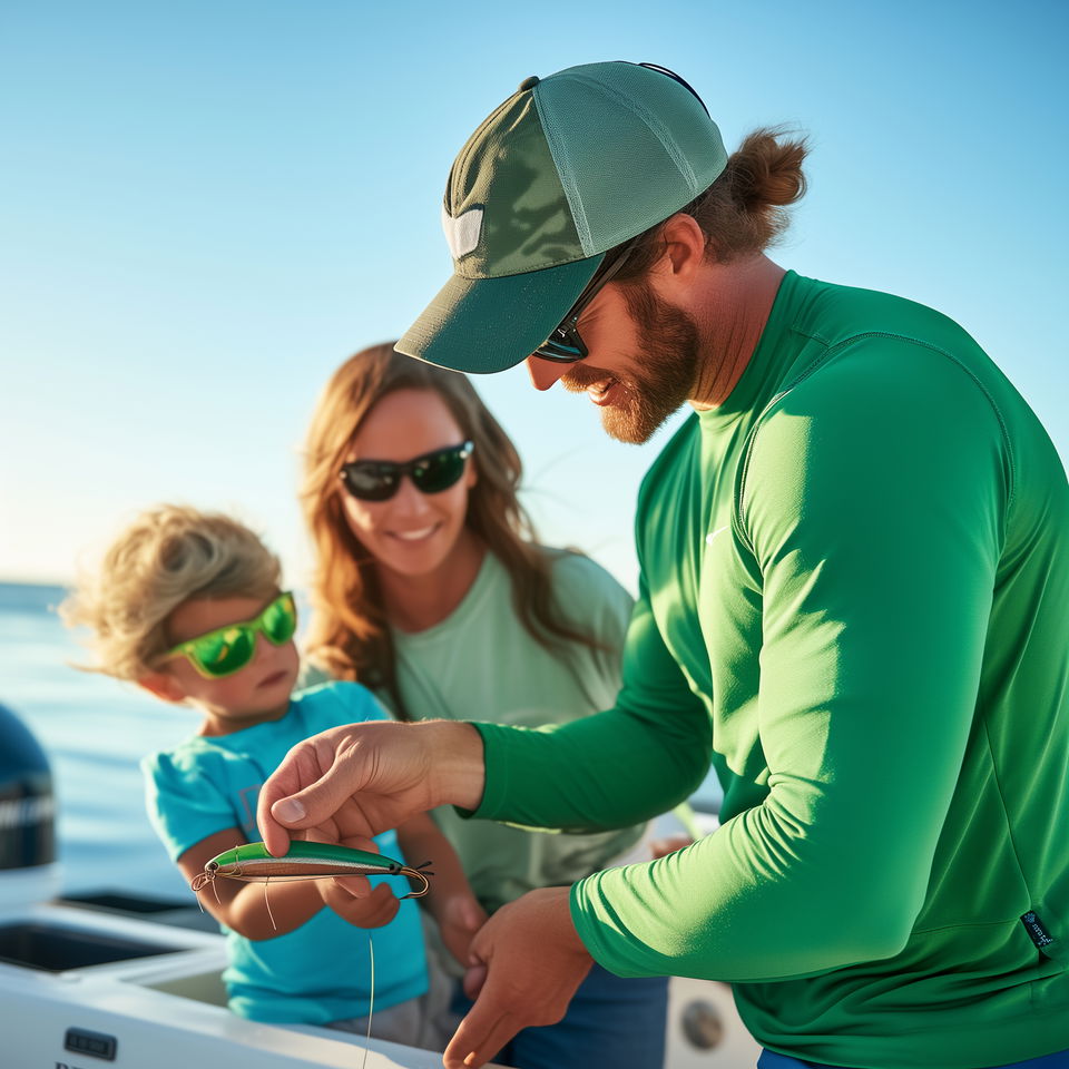 A Fort Walton Beach fishing charter captain shows a lure to a child and a woman on a sunny day.