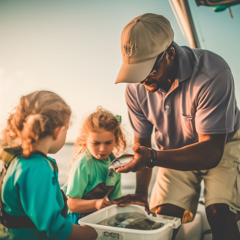 A Freeport fishing charter captain shows a freshly caught fish to two attentive young children on a boat.