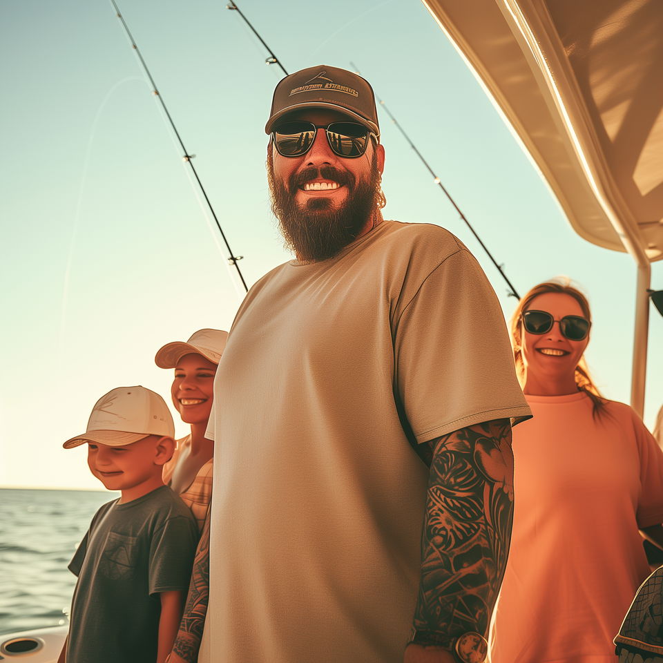 A Galveston fishing charter captain smiles with his happy guests onboard under the sunny sky.