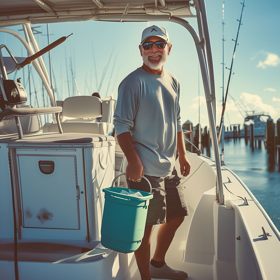 A Garden City fishing charter captain smiles on his boat, holding a teal bucket, ready for a day out at sea.