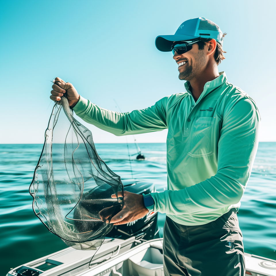 A Hatteras fishing charter captain wearing a green shirt and cap holds a fishing net on a boat under a clear blue sky.