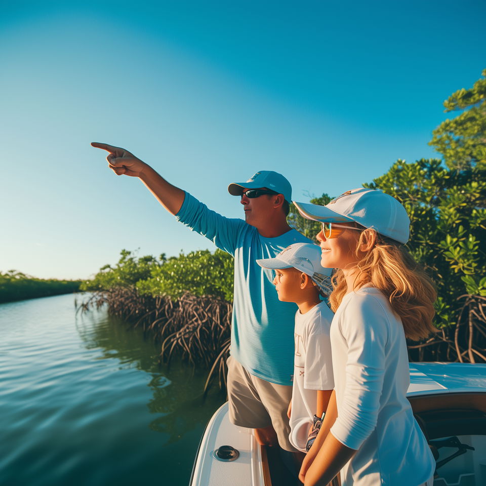 A Hilton Head Island fishing charter captain points ahead while guiding two young passengers on a fishing excursion through scenic waterways.