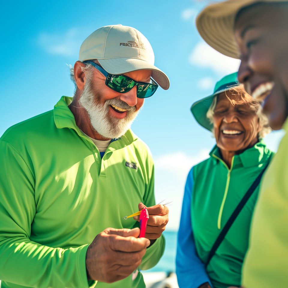 A Honolulu fishing charter captain in a green shirt shows fishing gear to smiling guests under a sunny blue sky.