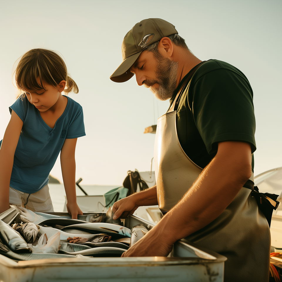 A Ingleside fishing charter captain and a young girl inspect their catch on a sunny day.