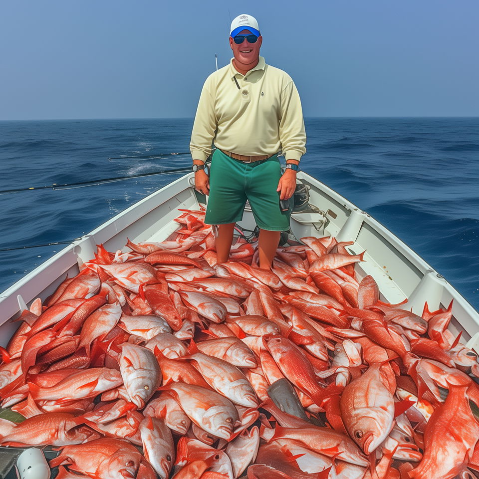An Islamorada fishing charter captain stands on a boat filled with a large bounty of red fish, smiling under a sunny, clear sky.