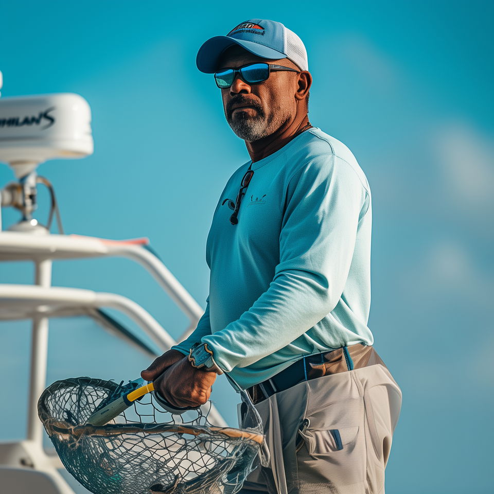 A Kalaoa fishing charter captain prepares with a net in hand, wearing sunglasses and a blue shirt against a clear sky backdrop.