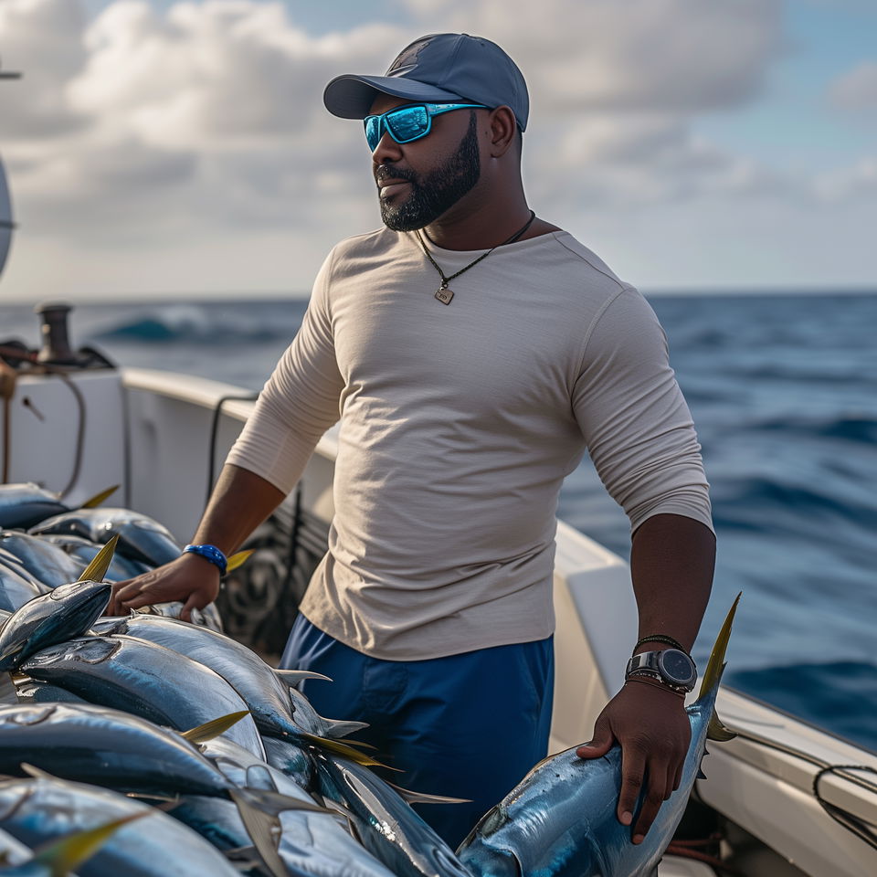 A Key Largo fishing charter captain stands proudly next to a large haul of fish on his boat, with the ocean and sky in the background.
