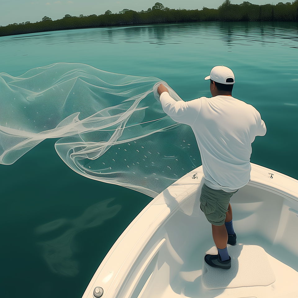A Key West fishing charter captain, wearing a white hat and shirt, casts a fishing net from a boat into the clear, calm waters.