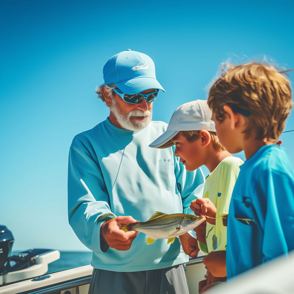 A Kissimmee fishing charter captain shows two young boys a fish they caught during their fishing trip on a boat.