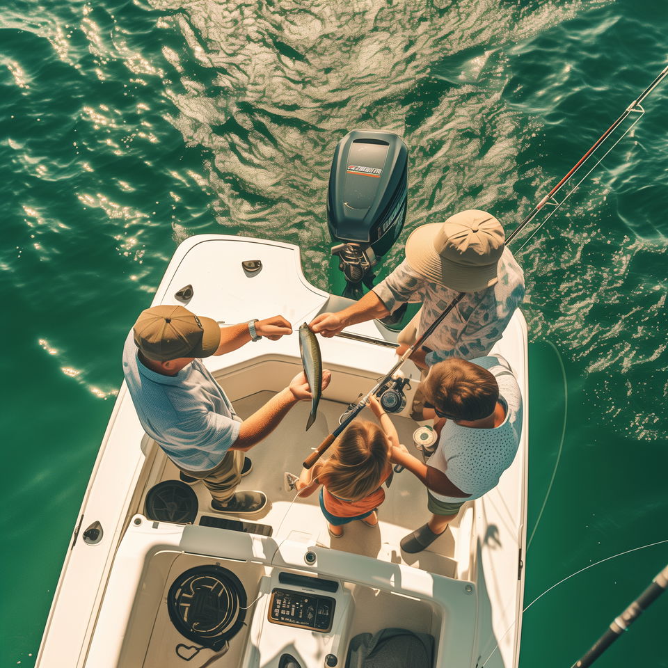A Little River fishing charter captain assists a group of people in holding a freshly caught fish on a sunny day out on the water.
