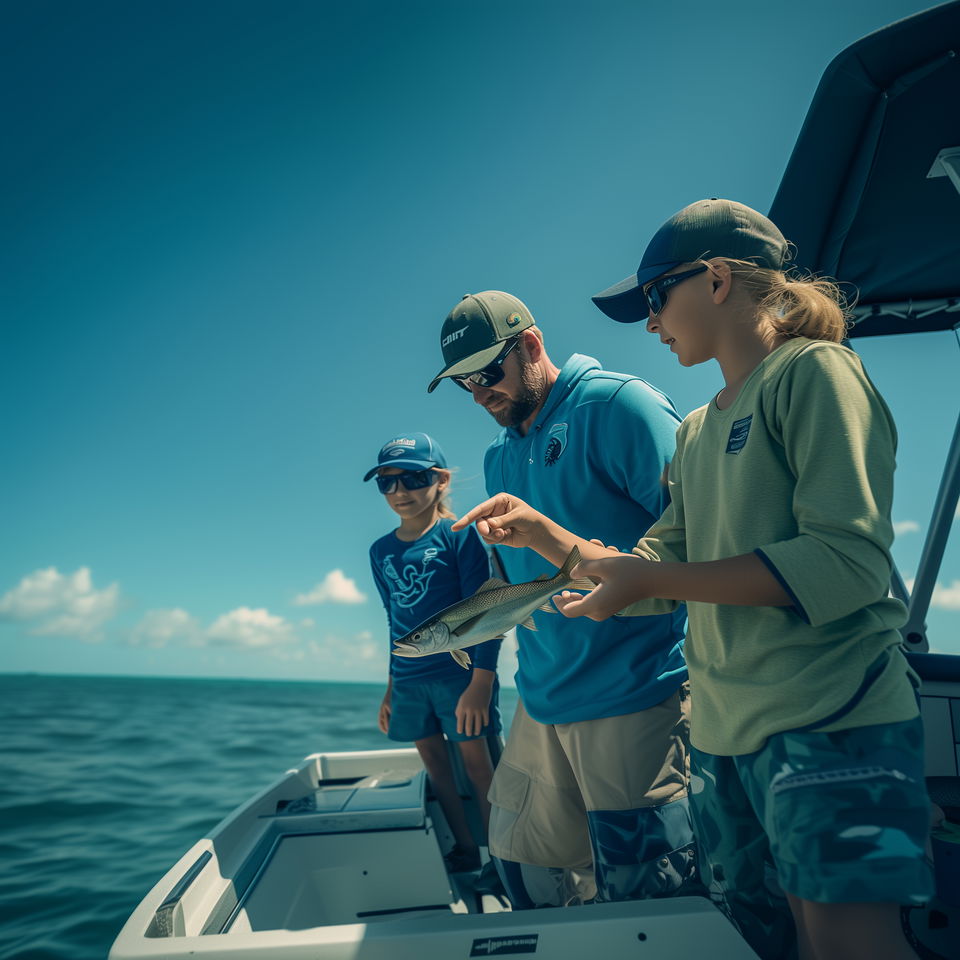 A Lorain fishing charter captain shows a fish to two young anglers on a sunny day out on the water.