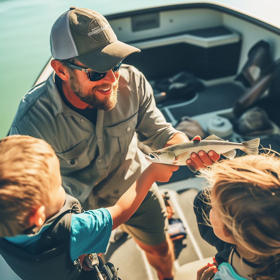 A Manteo fishing charter captain shows a fish to two young children on a boat.