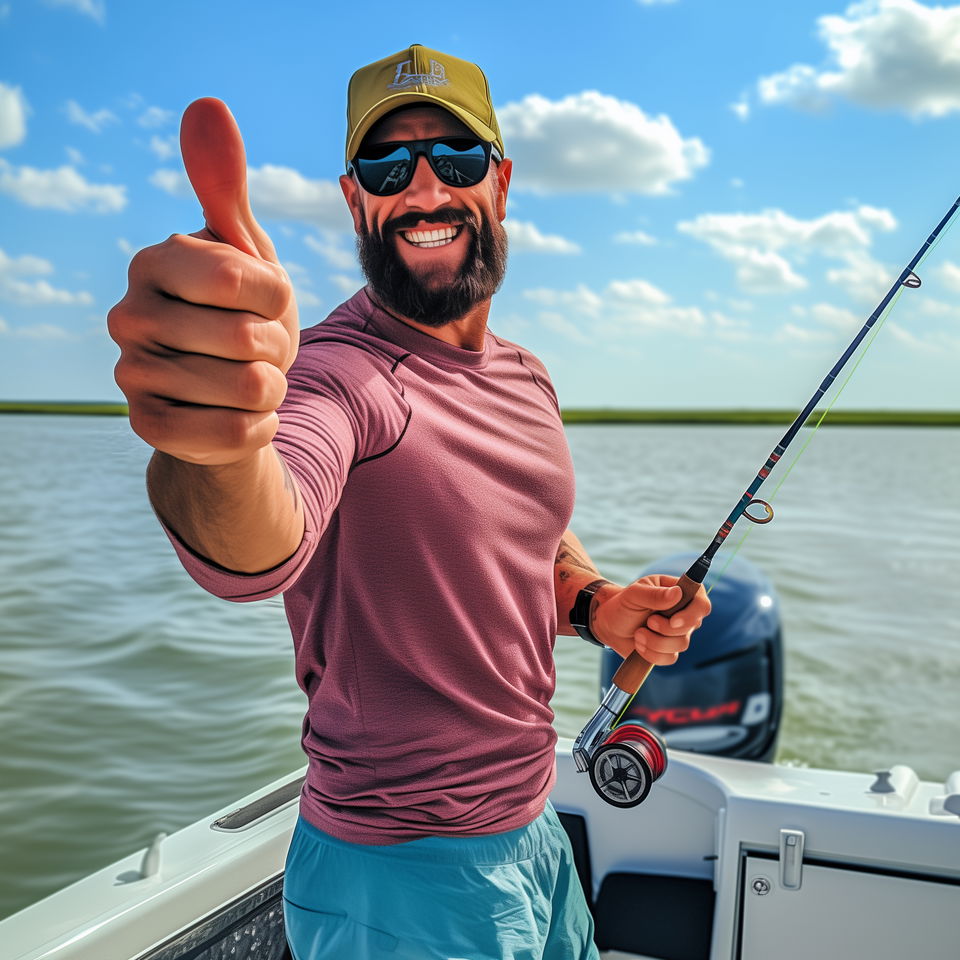 A Marathon fishing charter captain smiles and gives a thumbs-up while holding a fishing rod on a boat under a sunny blue sky.
