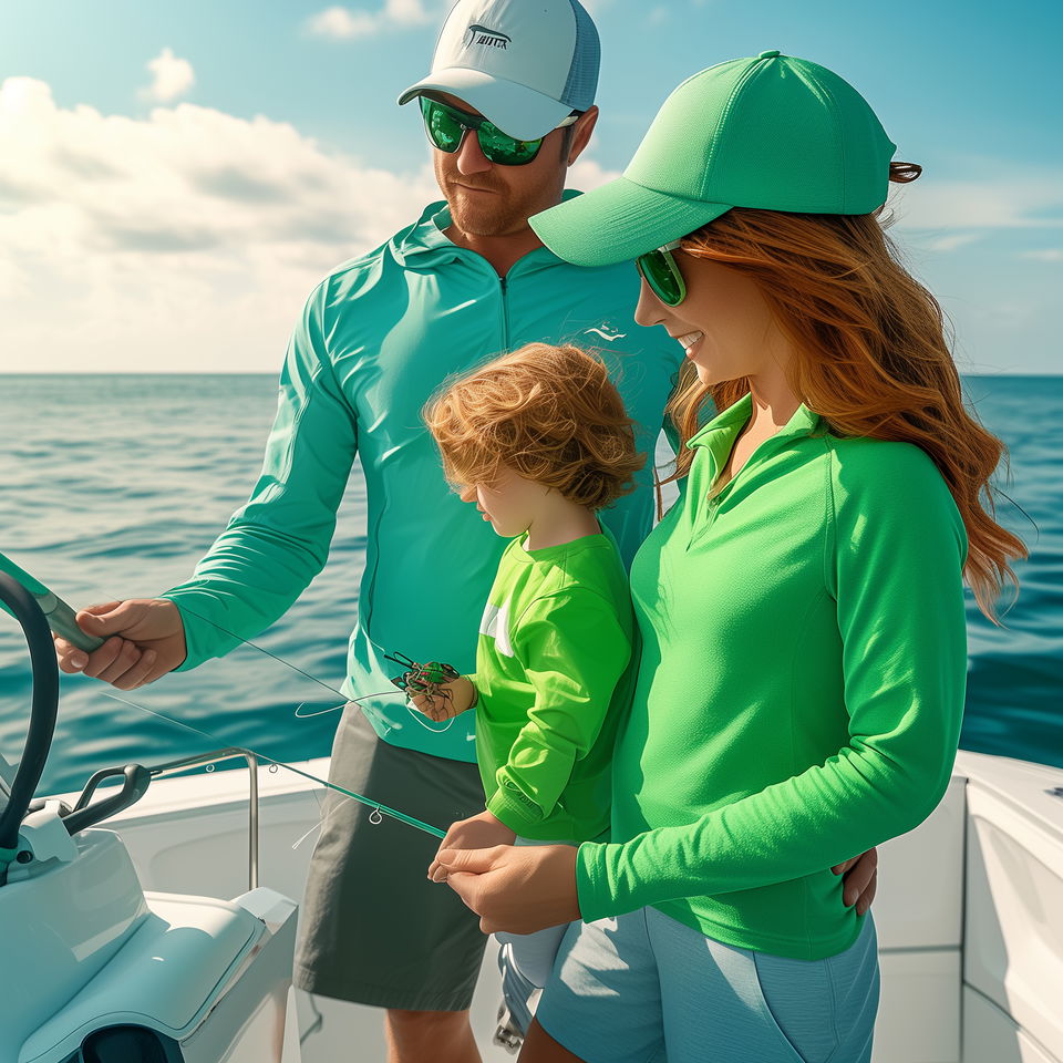A Marco Island fishing charter captain instructing a woman and child on fishing techniques aboard a boat on a sunny day.