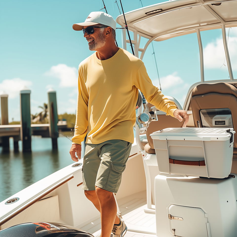 A Merritt Island fishing charter captain smiles as he stands on his boat, ready for a day out on the water, dressed in casual fishing attire.