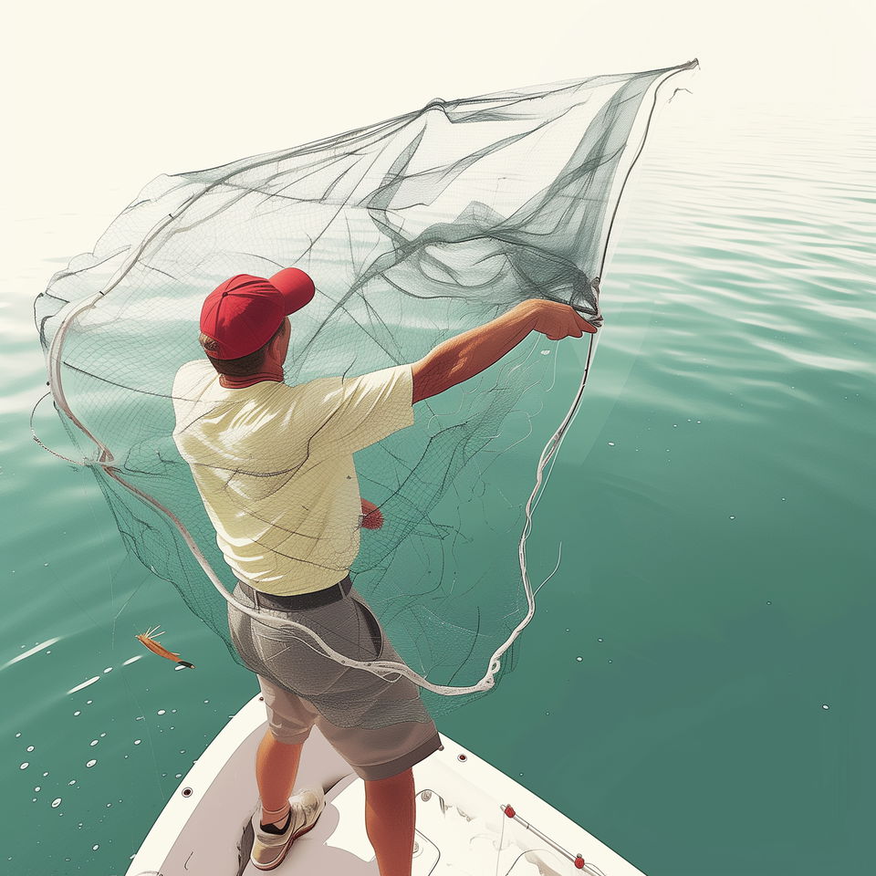 A Miami fishing charter captain wearing a red cap casts a fishing net over the calm waters.