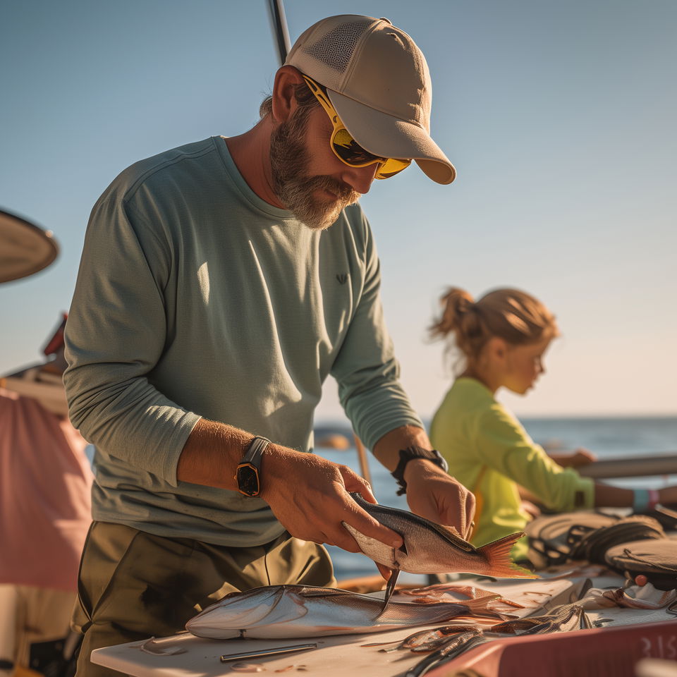 A Morehead City fishing charter captain cleans a freshly caught fish on deck, with a child in the background.
