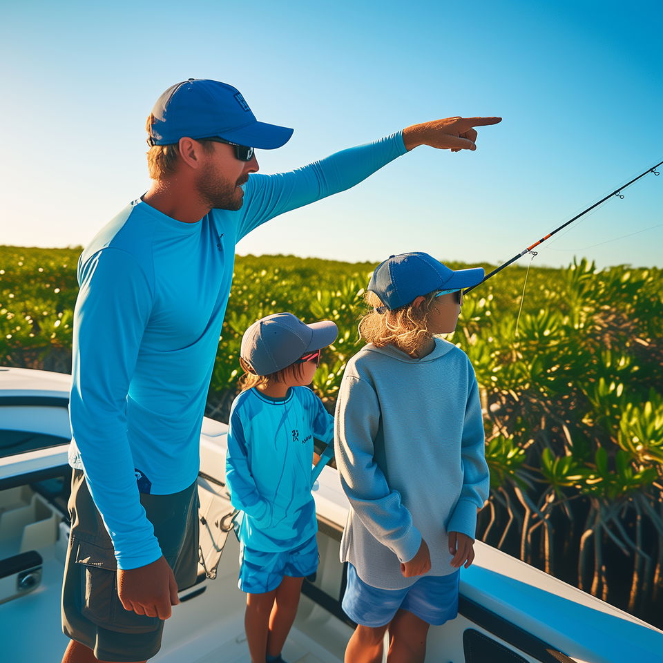A Fernandina Beach fishing charter captain points out a spot to two young kids on a boat.
