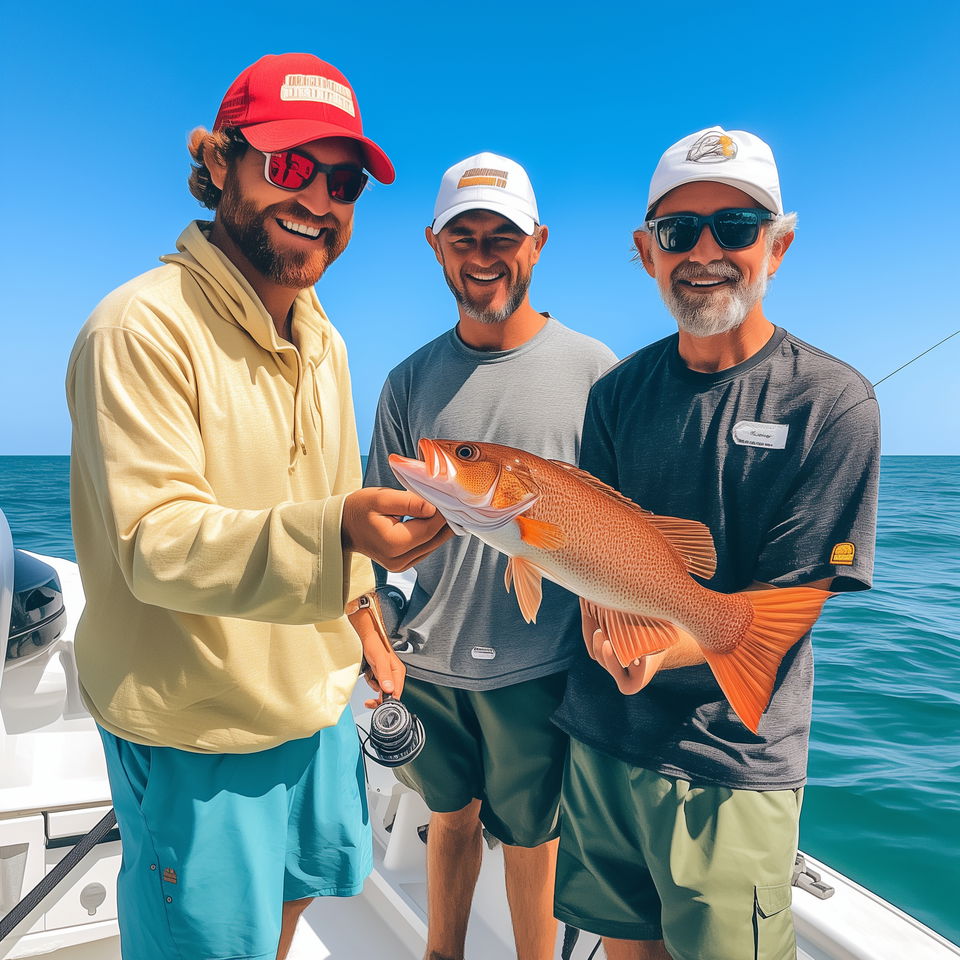 Three men with a Murrells Inlet fishing charter captain holding a freshly caught fish on a boat against a clear blue sky and sea.