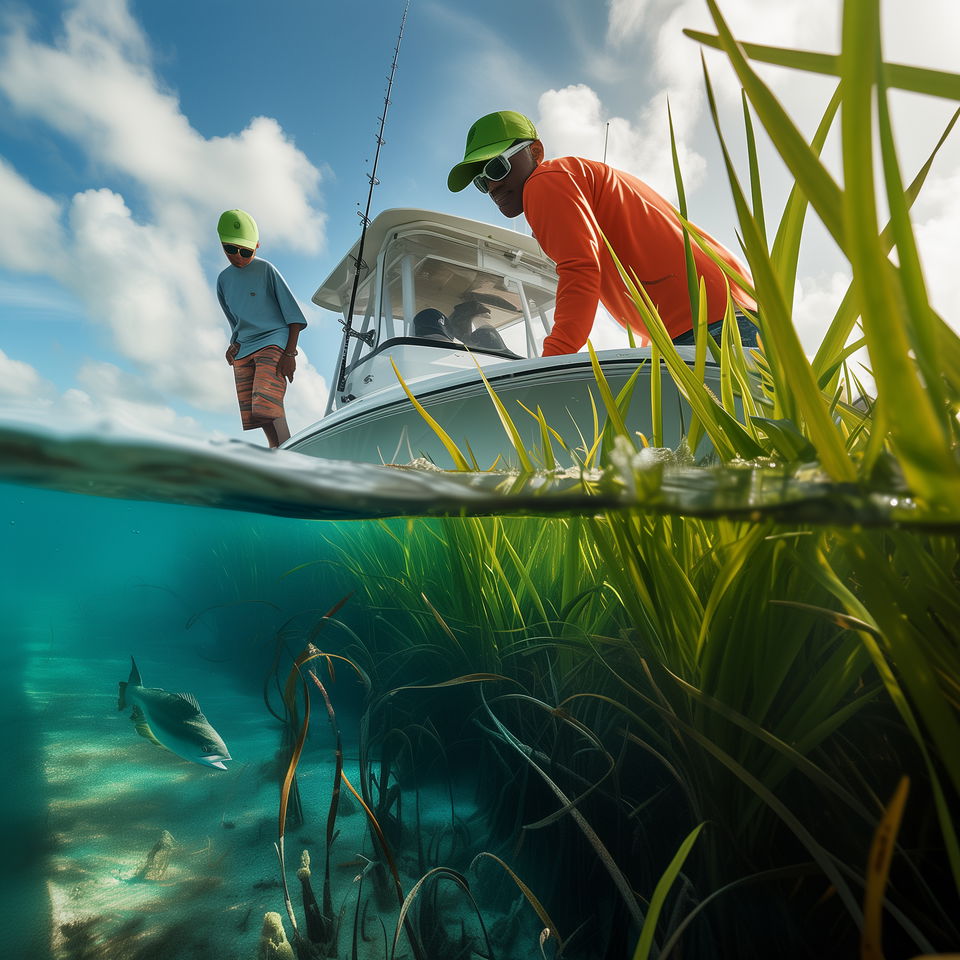 A Naples fishing charter captain and a young boy observe marine life from their boat in lush, clear waters.