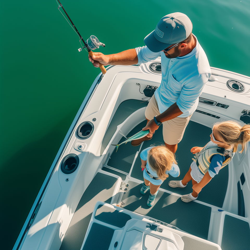 Niceville fishing charter captain helps two children with a fishing rod on a boat in calm, green waters.