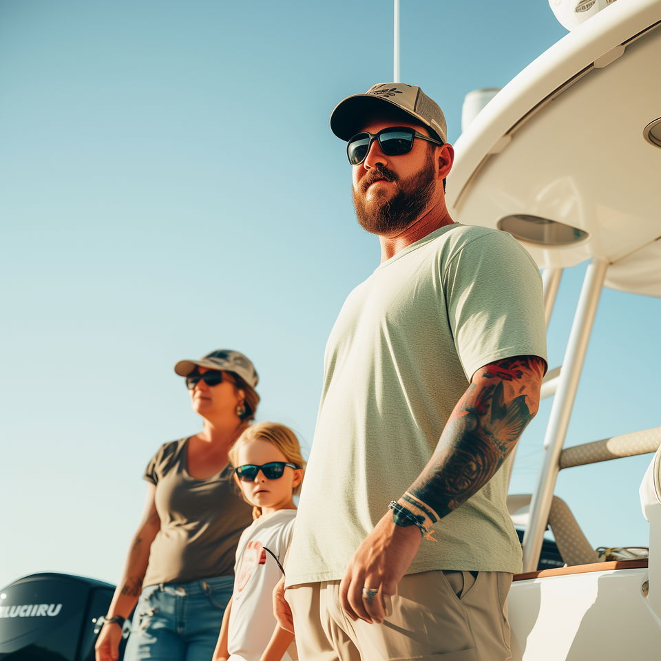 Ocean Pines fishing charter captain stands on a boat with a woman and a child, all wearing sunglasses and caps.