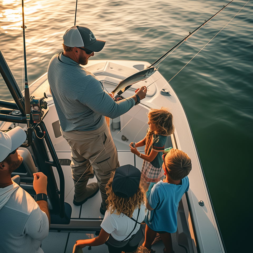 An Orange Beach fishing charter captain shows a freshly caught fish to three excited children on a boat.