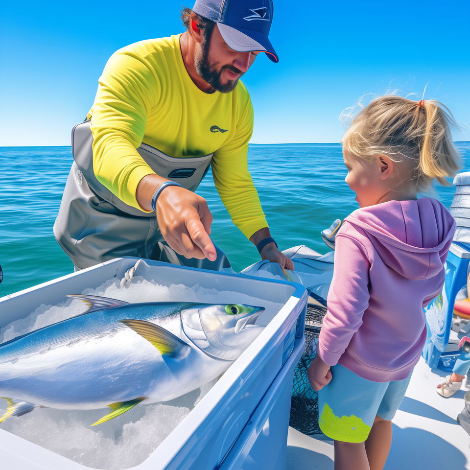 Orlando fishing charter captain shows a young girl a large tuna in a cooler on a boat under a clear blue sky.
