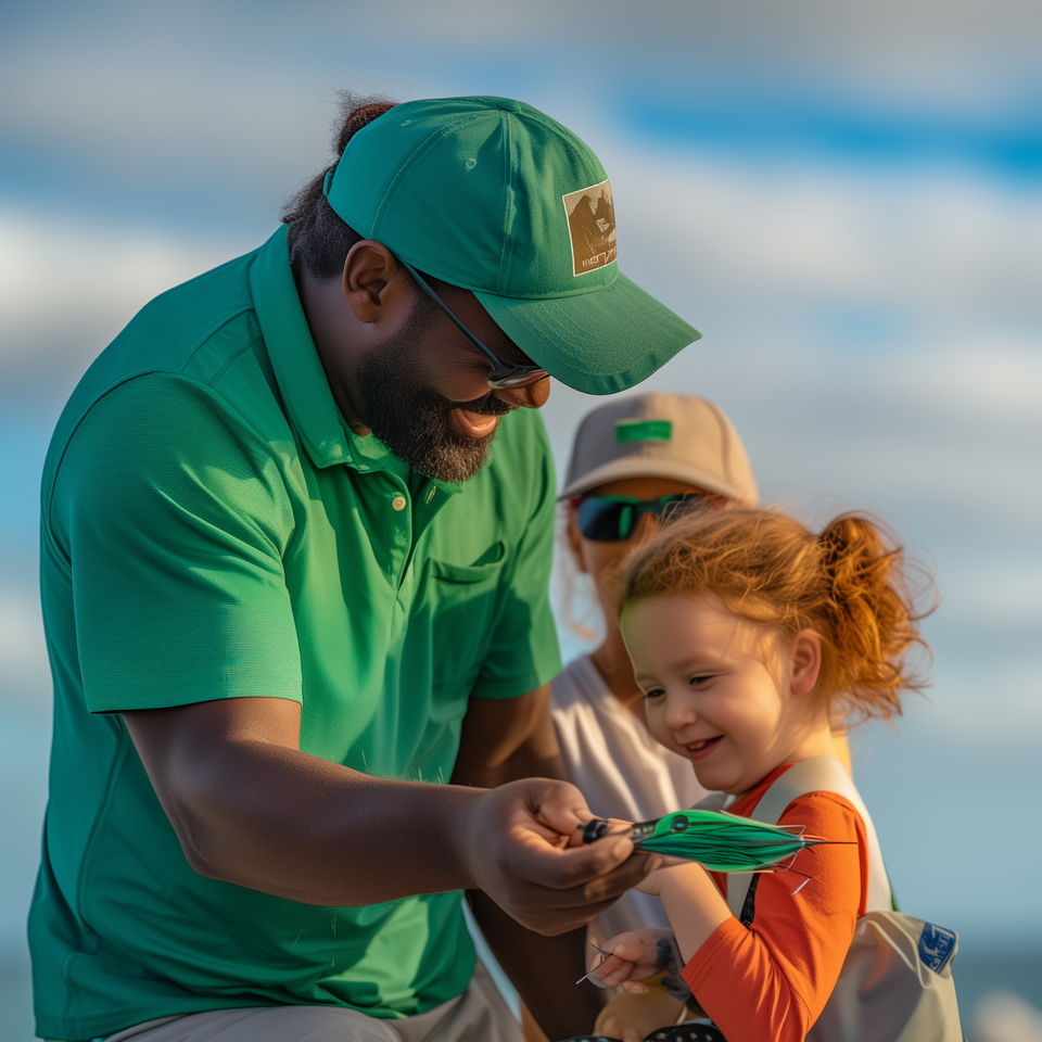 A Panama City fishing charter captain, wearing a green shirt and cap, showing a lure to a delighted young girl with a woman in the background.