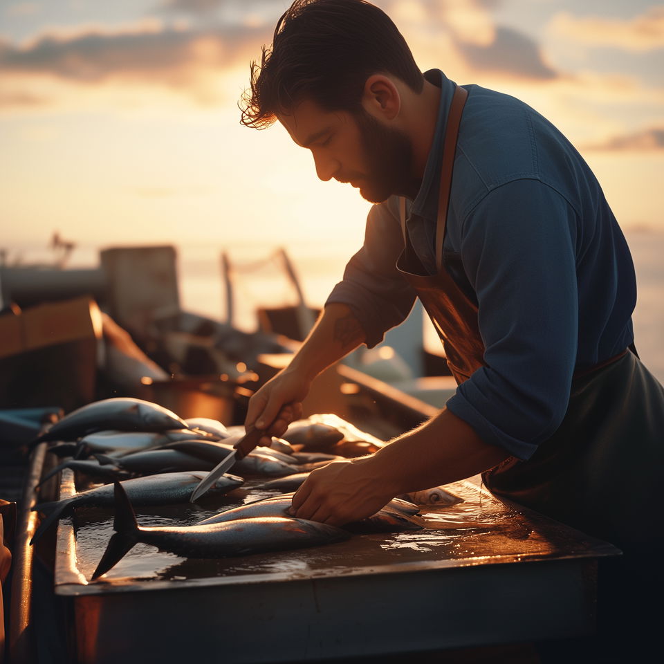 A Pensacola fishing charter captain cleans freshly caught fish on a boat at sunset.