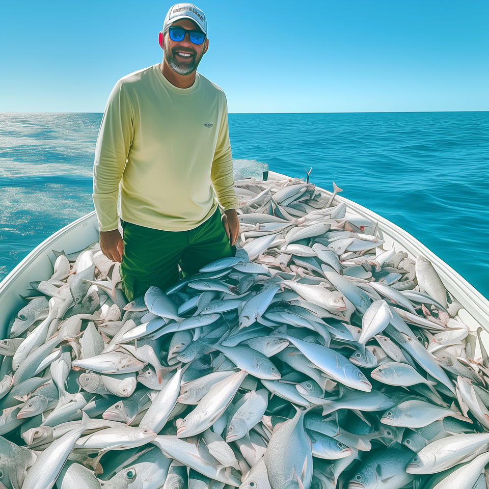 A Pompano Beach fishing charter captain stands on a boat filled with a large haul of fish, smiling under a clear blue sky.