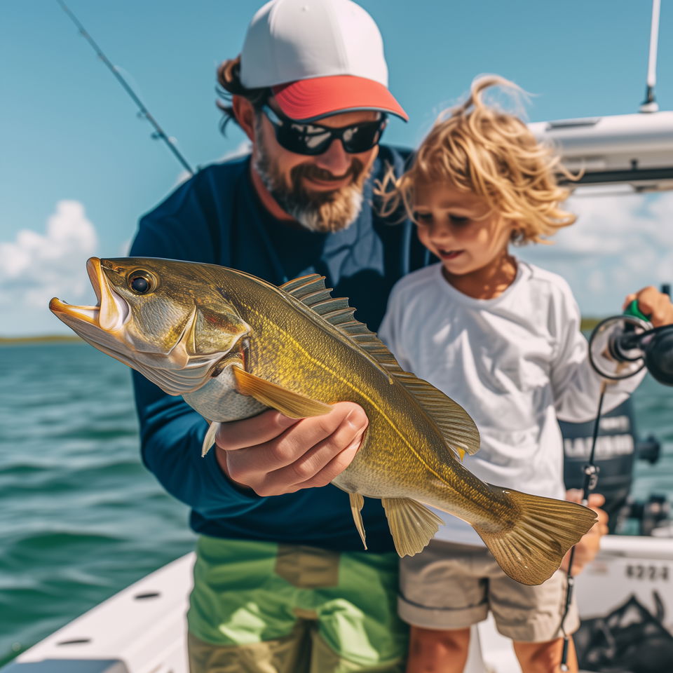 A Port Aransas fishing charter captain shows a fish to a young child on a boat under a clear blue sky.