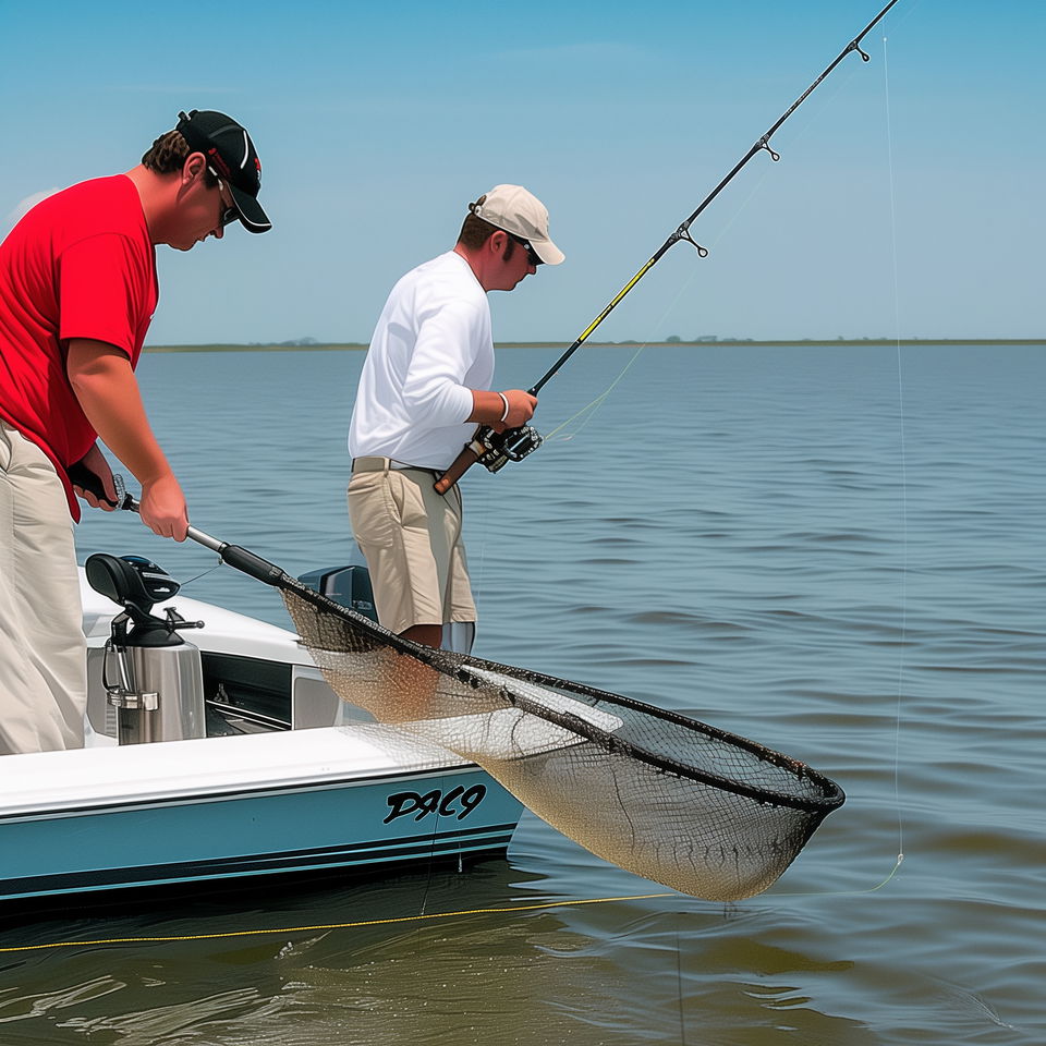 A Port Isabel fishing charter captain assists an angler on a boat, holding a fishing net near the water.