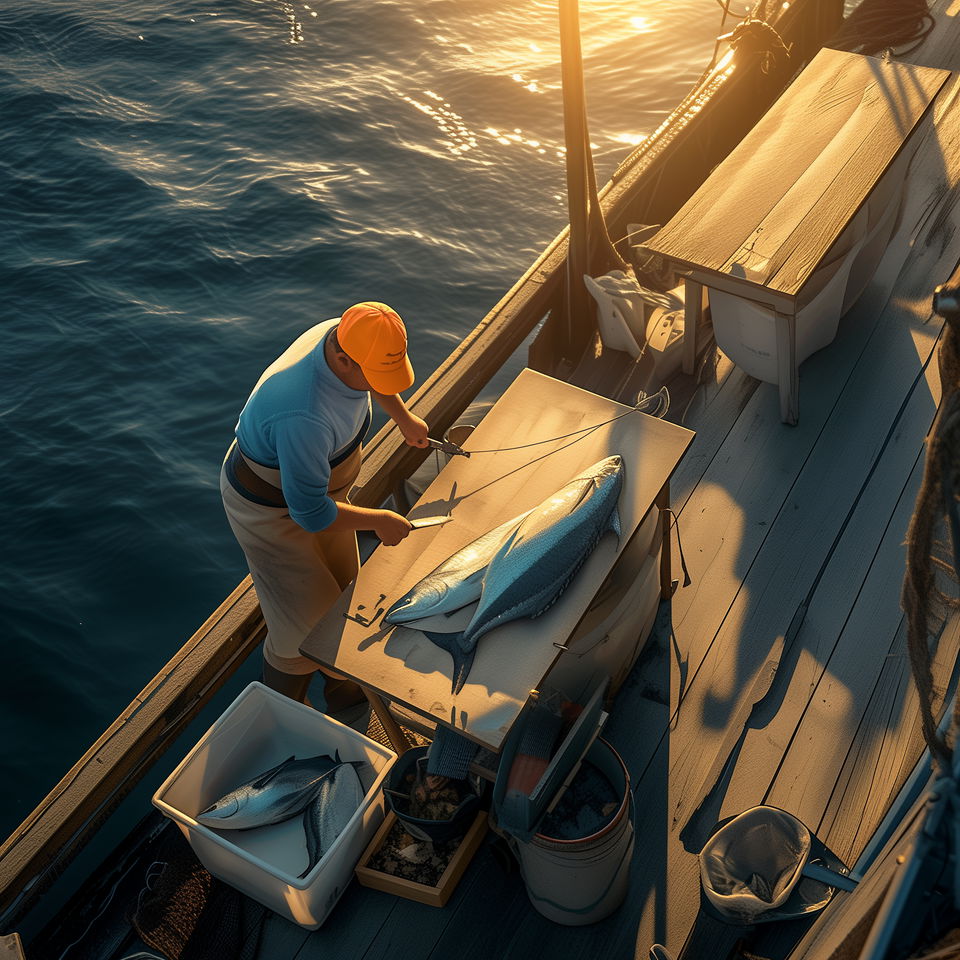 A Port Orange fishing charter captain in an orange hat filleting a large fish on board at sunset.