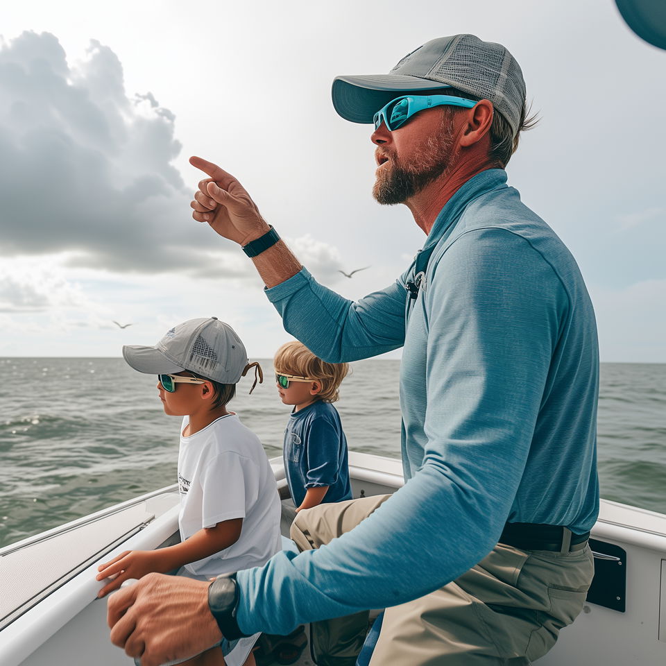 A Port St. Joe fishing charter captain points ahead while navigating the boat with two children sitting beside him, all wearing sunglasses.