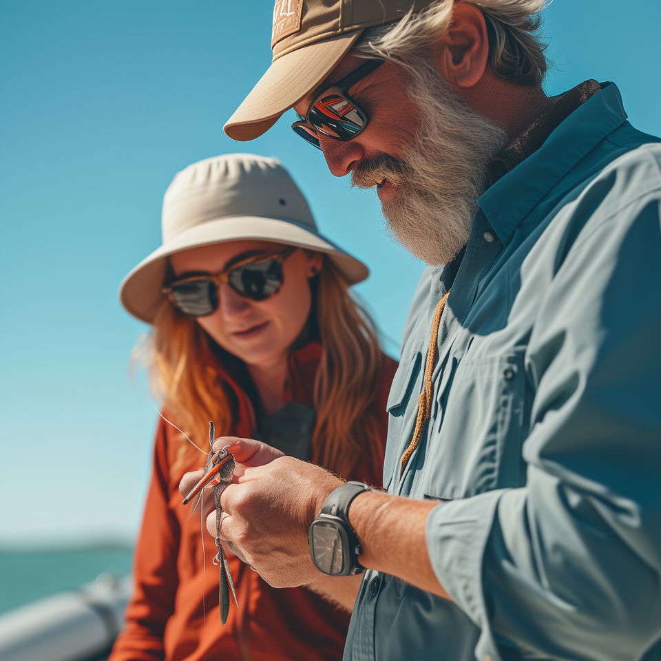 A Rotonda fishing charter captain showing a woman how to set up fishing gear on a sunny day.