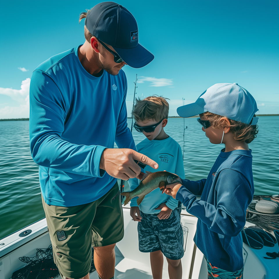 A Jacksonville fishing charter captain helps two young boys examine a small fish they caught on their fishing trip.