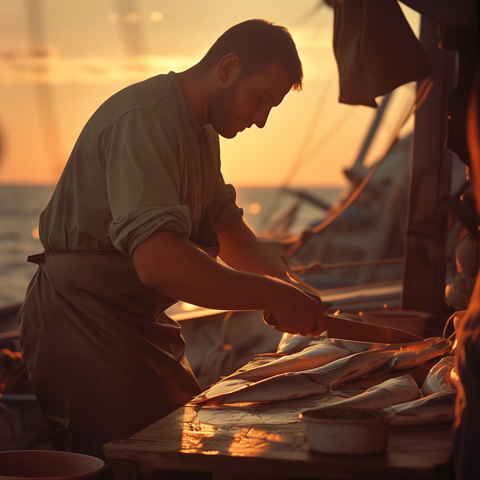 A San Diego fishing charter captain fillets freshly caught fish on his boat at sunset.