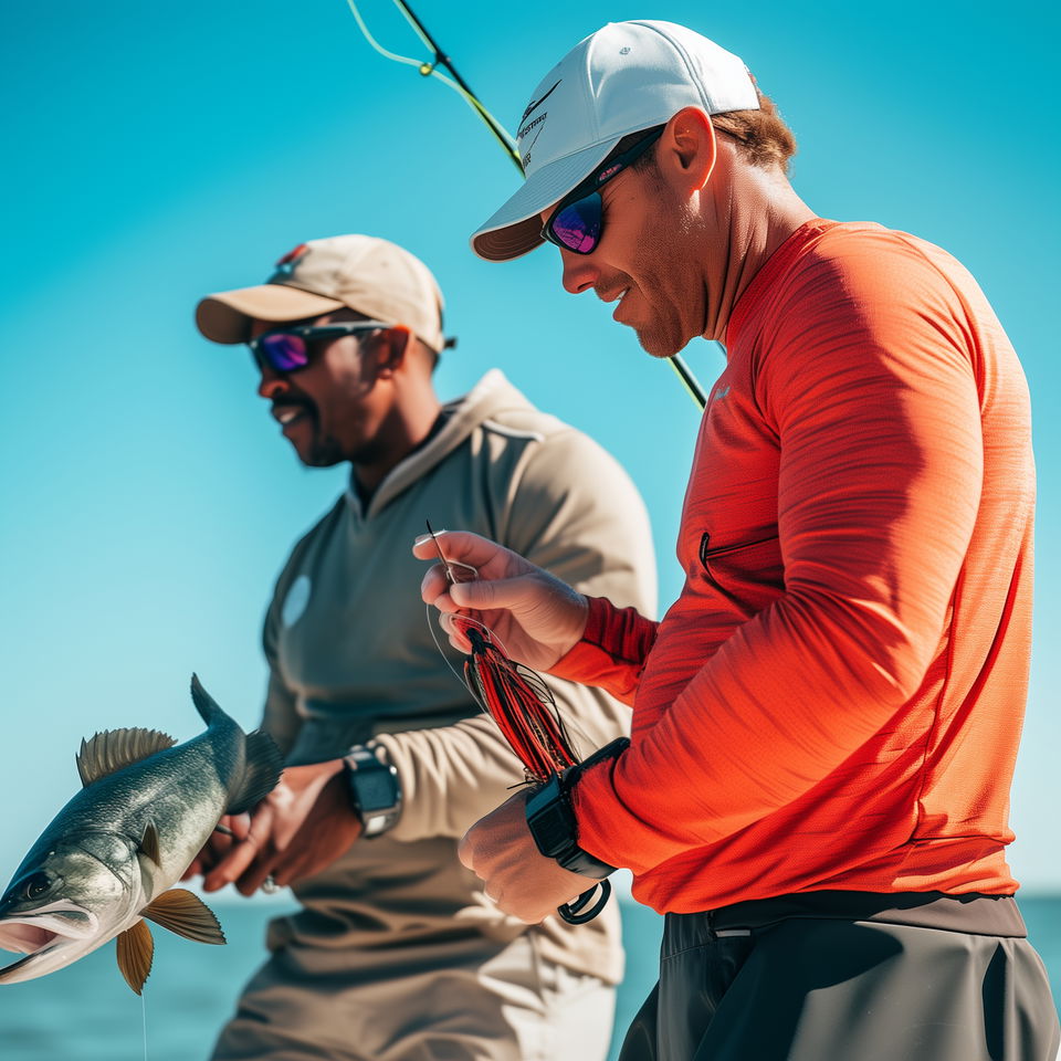 A Sandusky fishing charter captain and a fellow angler enjoy a successful day fishing, with one of them holding a fish.