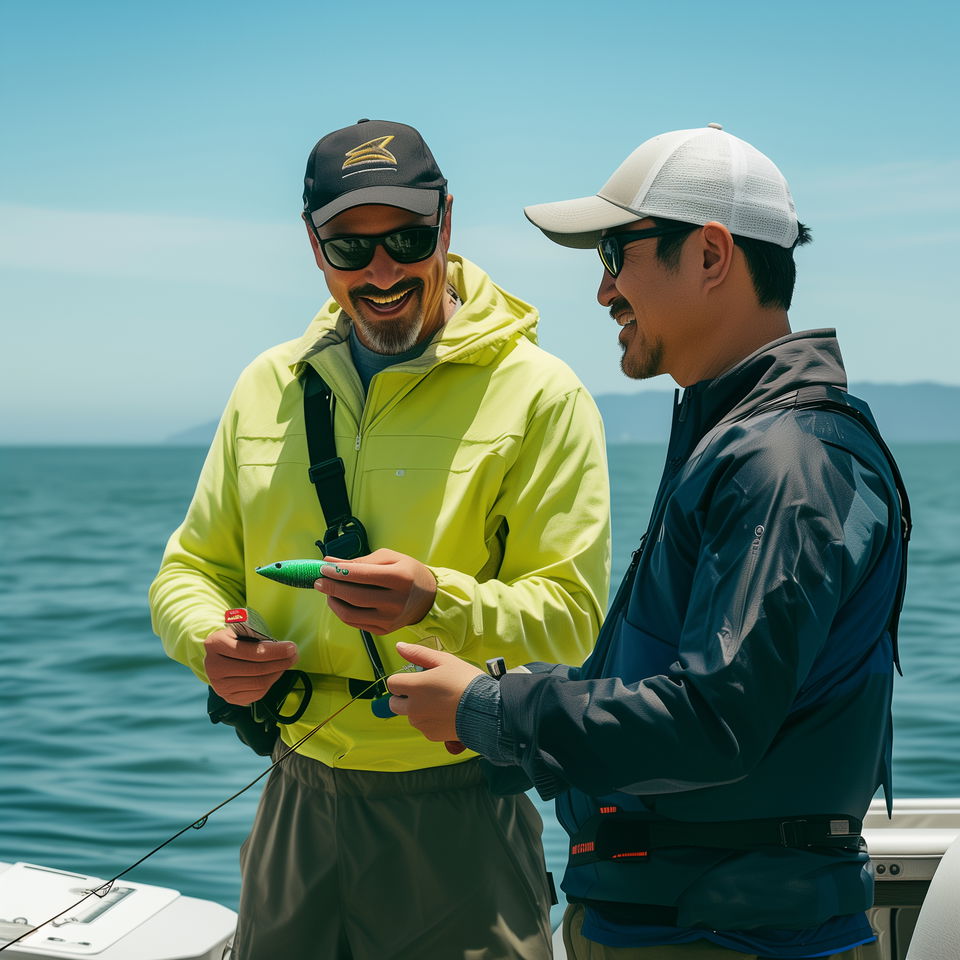 Two fishermen, including a San Francisco fishing charter captain, smiling and discussing a lure on a boat.