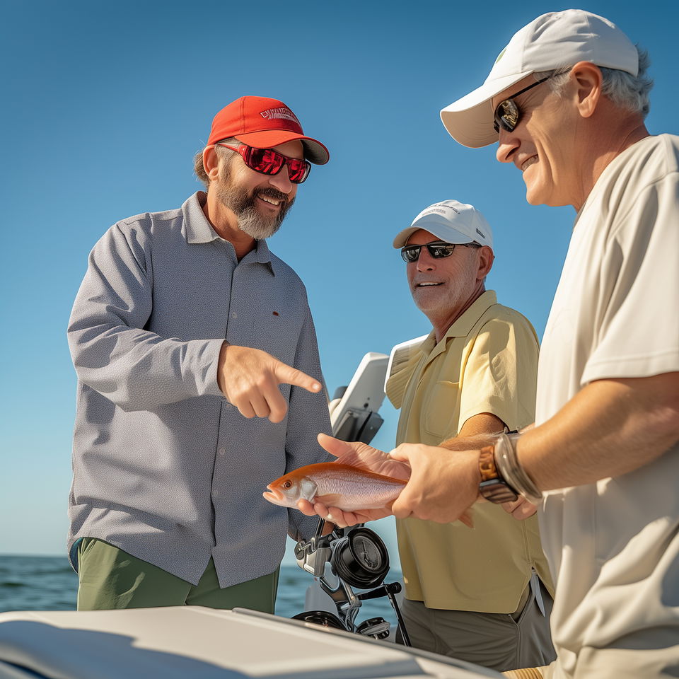 A Savannah fishing charter captain points at a fish held by a customer while another customer looks on, all smiling on a sunny day.