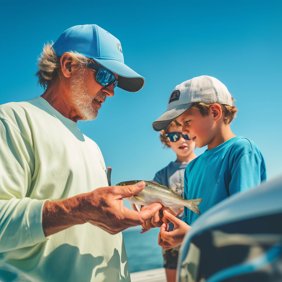 A Tampa fishing charter captain shows two young boys a small fish they caught on a sunny day.